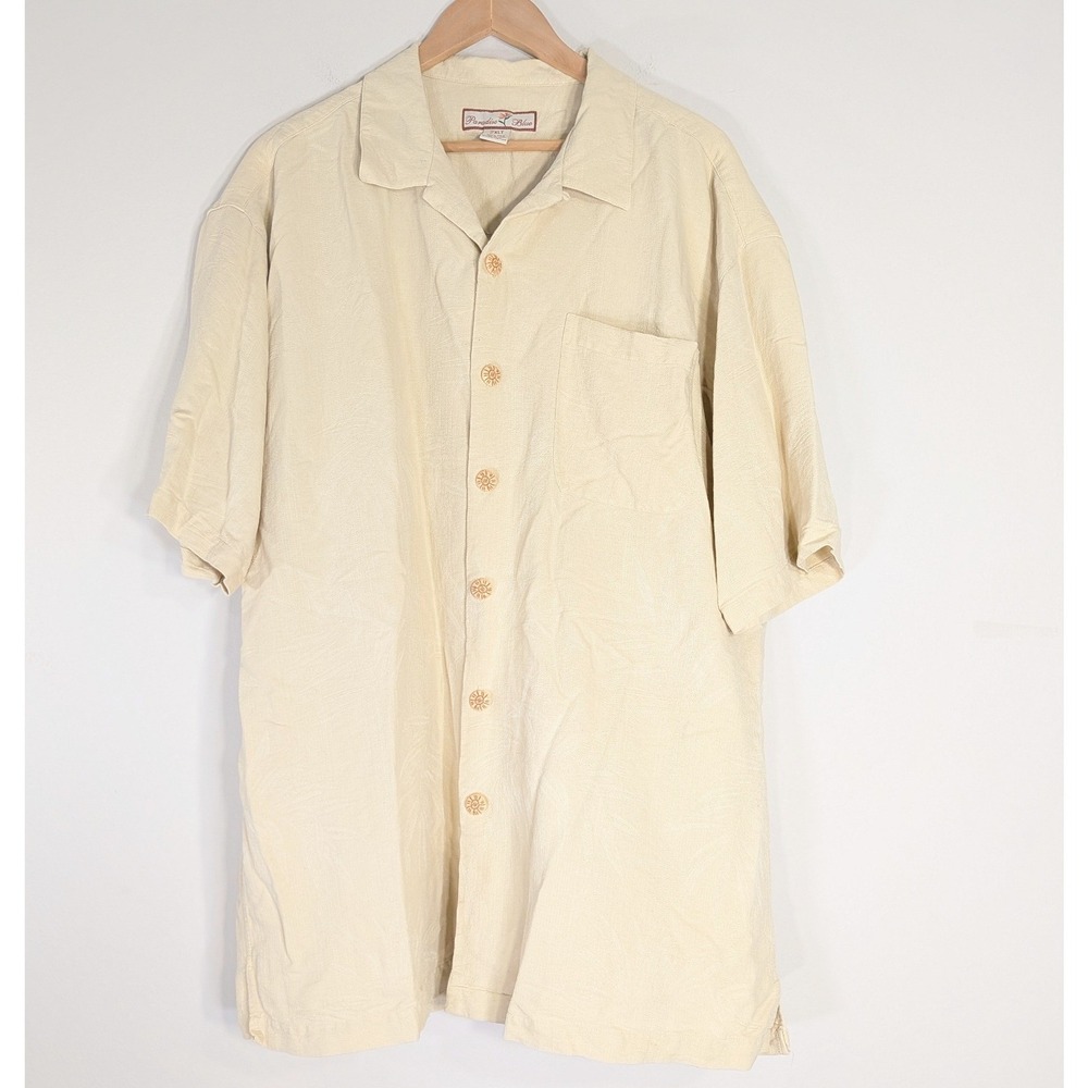 Paradise Blue Beige Silk Button Down Shirt; Short Sleeve Jacquard Palm XL
